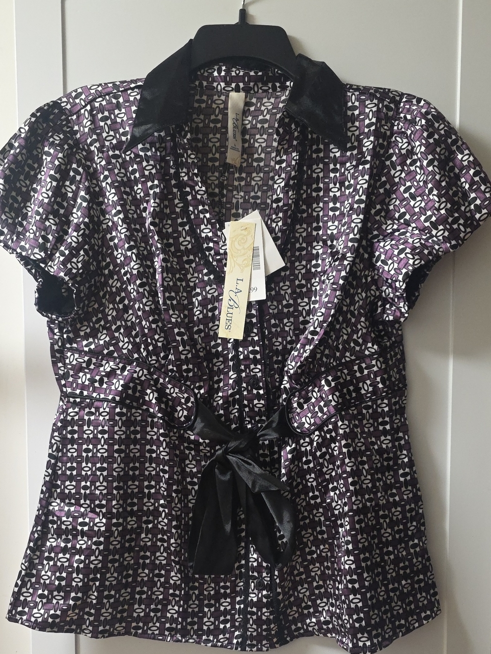 L.A. Blues Purple, Black and White Geometric Short Sleeve Blouse with Satin Trim